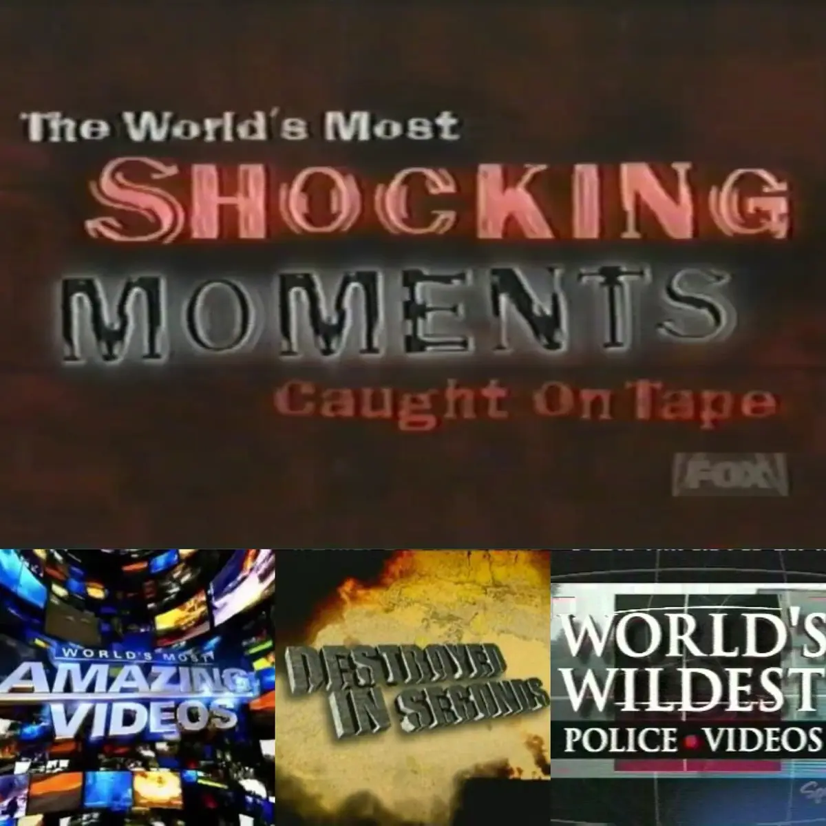 The image displays a collage of four different TV show title cards. The top card reads 'The World's Most SHOCKING MOMENTS…