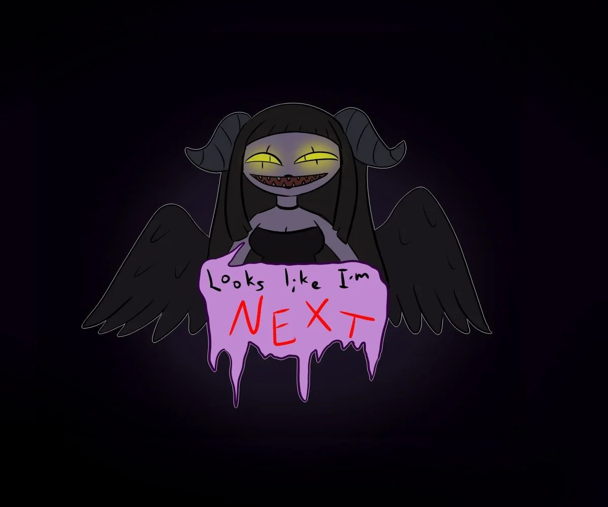 A cartoon demon with black wings, horns, and glowing yellow eyes holds a purple, dripping sign that reads 'Looks like I'm…