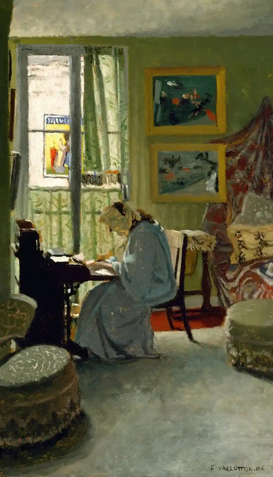 A vintage painting depicts a woman in a blue dress sitting at a desk in a sunlit room, appearing to be writing or reading…