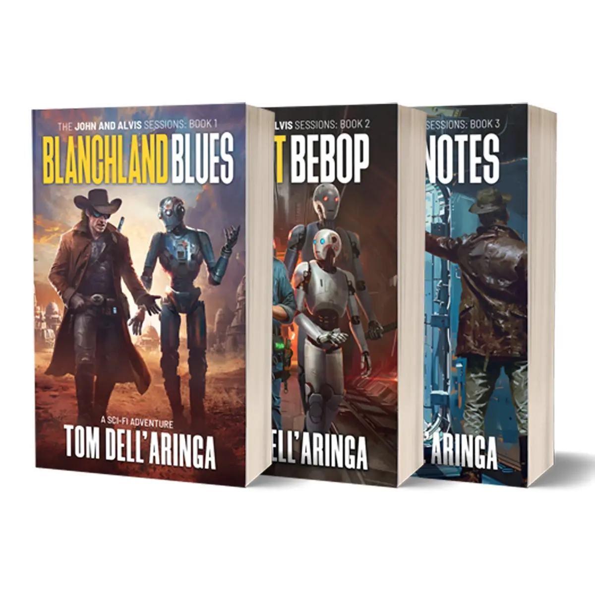 Three sci-fi book covers are shown side-by-side, each featuring a cowboy-like character and robots. The first book is titled…