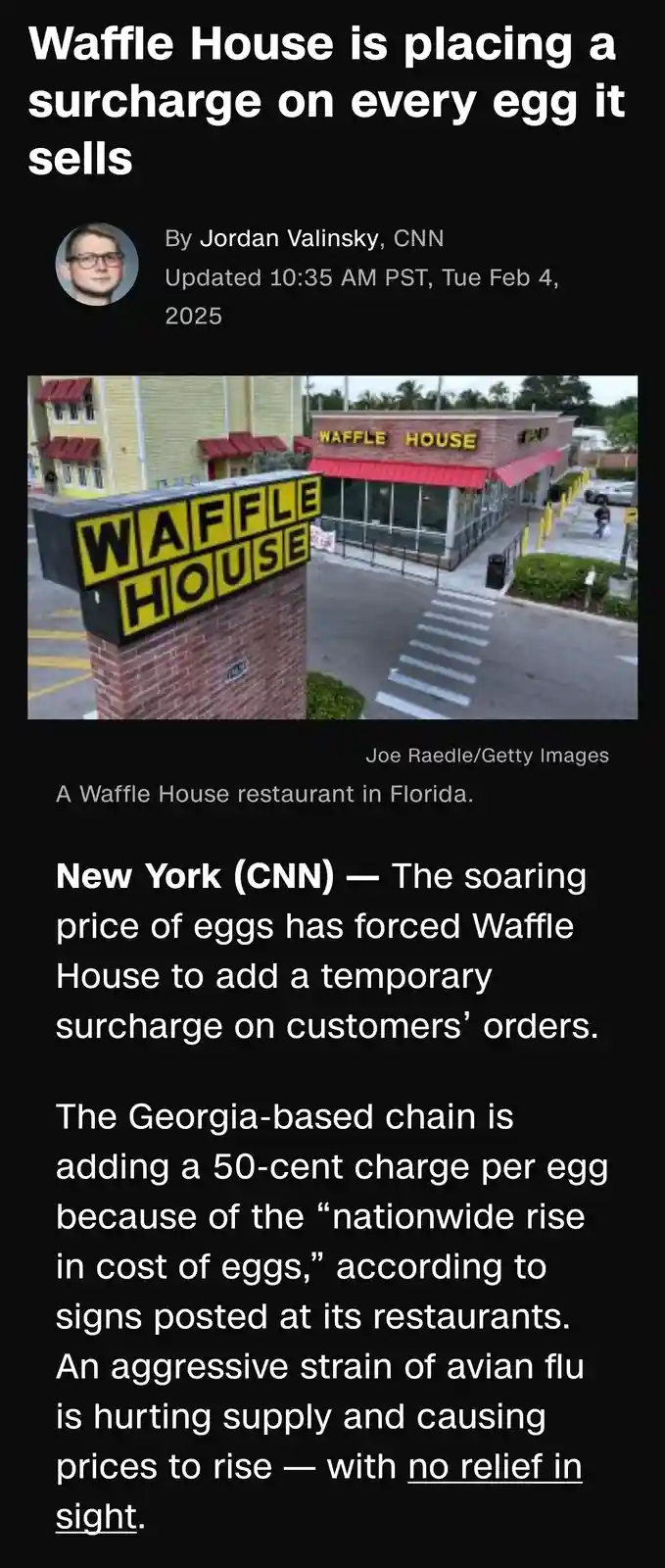 The image displays a Waffle House restaurant with its iconic yellow and black sign, overlaid with a fake CNN news article…