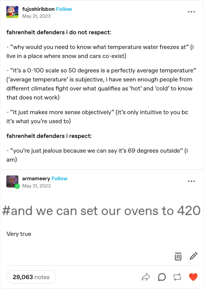 A screenshot of a Twitter thread where a user lists reasons why they don't respect Fahrenheit defenders, then lists one…