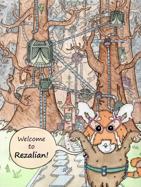 A cartoon red panda wearing pink glasses and a belt stands in front of a massive, intricate tree-city with platforms…