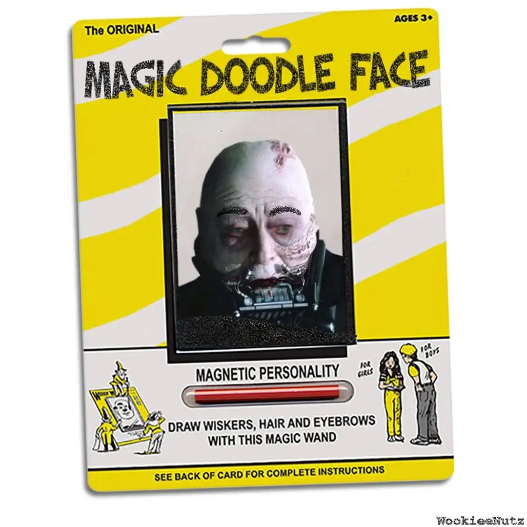 A product package for 'Magic Doodle Face' shows a photo of a bald, scarred, and heavily modified man with a mechanical…
