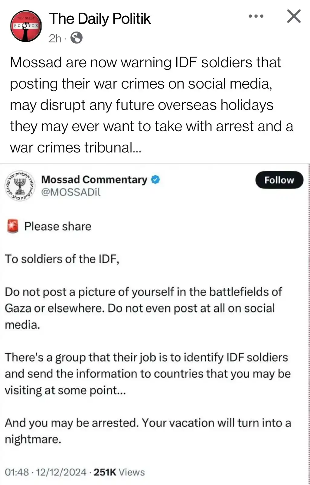 The image shows a screenshot of a social media post from 'The Daily Politik' sharing a tweet from 'Mossad Commentary'…