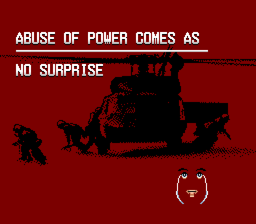 A pixelated image shows a large military tank with two soldiers kneeling before it against a solid red background. At the…