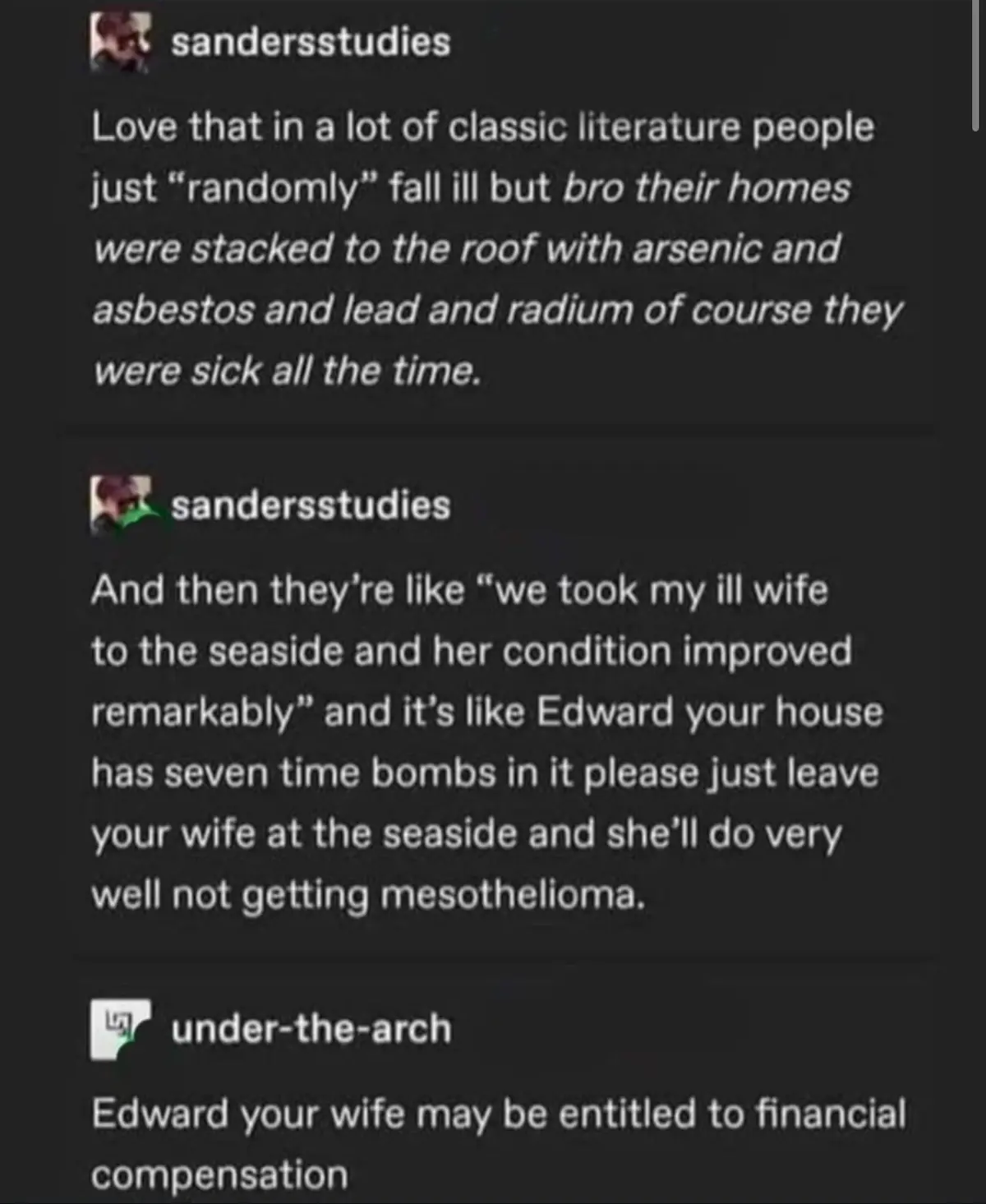 A screenshot of a Reddit thread shows user 'sandersstudies' sarcastically pointing out that characters in classic literature…