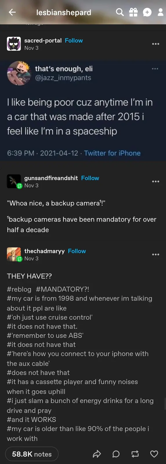 A screenshot of a Twitter thread showing a user's tweet about feeling like they're in a spaceship in modern cars, followed…