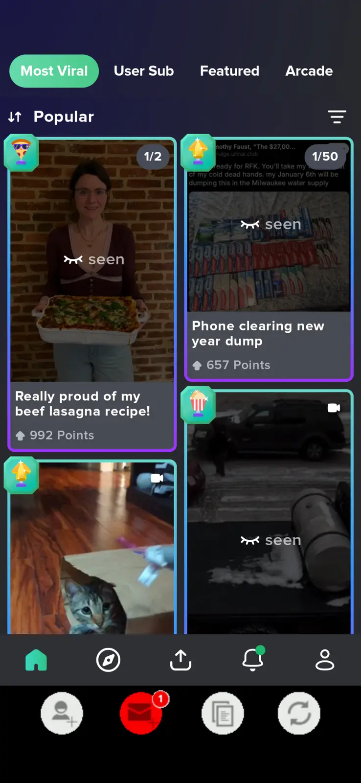 A screenshot of a social media app interface showing four posts. The top-left post features a woman holding a lasagna dish…