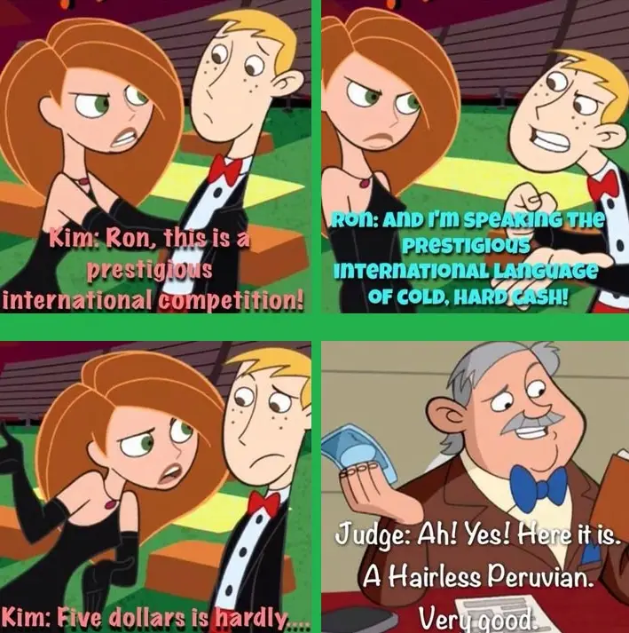 A four-panel comic strip from 'Kim Possible' shows Kim and Ron at a competition. Kim is annoyed as Ron claims to be speaking…