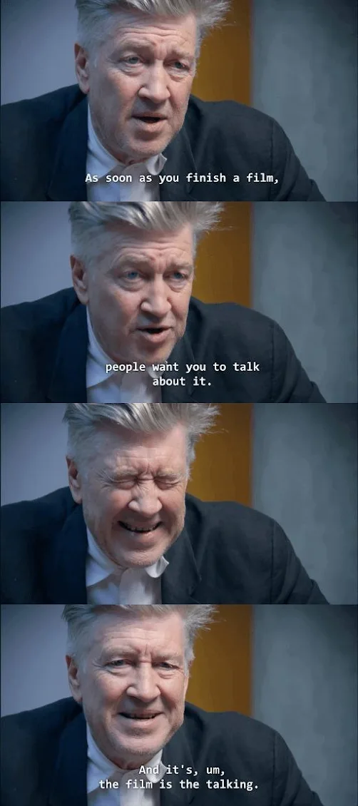 A four-panel meme featuring David Lynch speaking in a serious tone, his expression shifting from earnest to strained to…