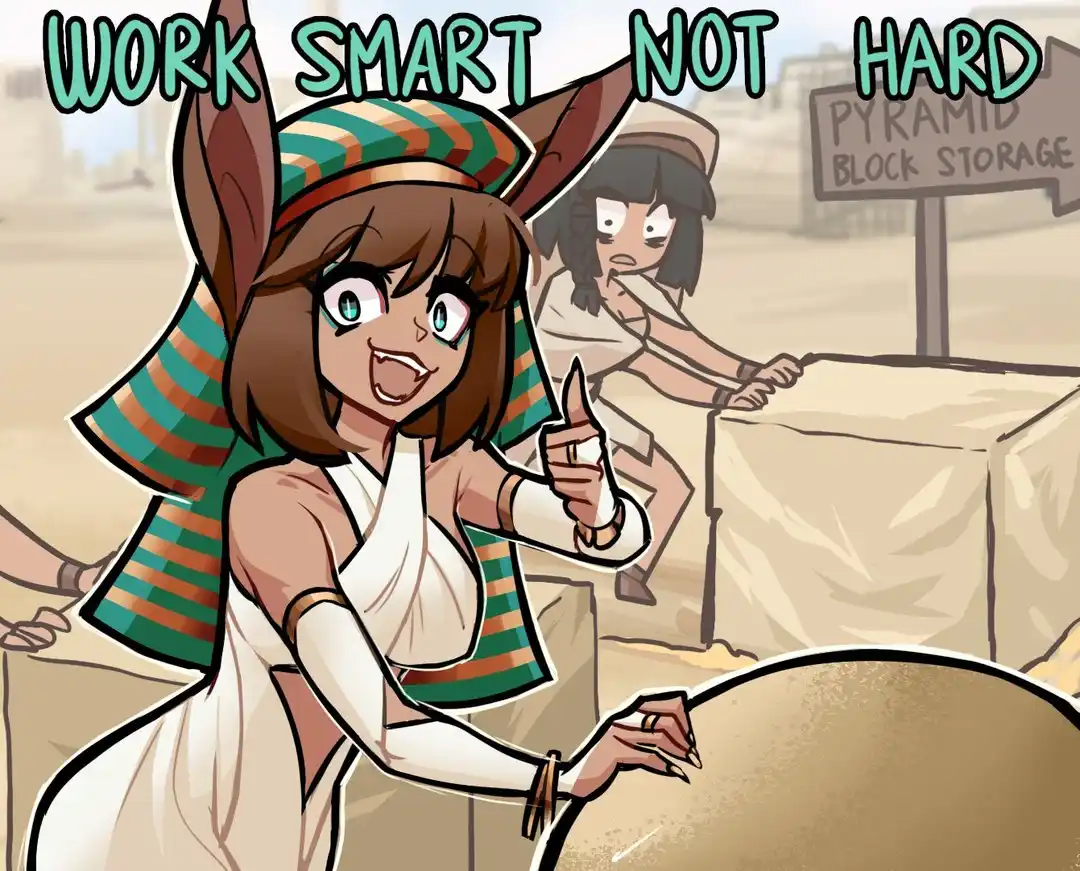 An anime-style woman in ancient Egyptian attire, wearing a striped headdress and white dress, gives a thumbs-up while…