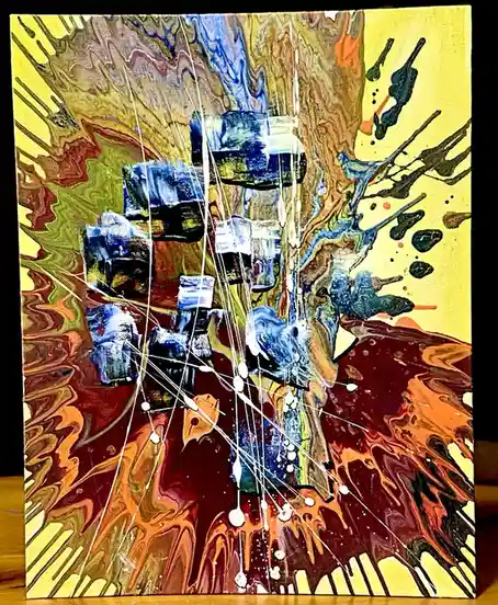 An abstract painting with swirling, splattered colors of yellow, red, brown, and blue, featuring a central cluster of dark…