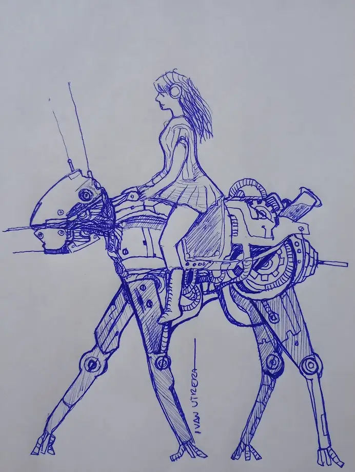 A blue ink sketch shows a girl in a dress riding a mechanical horse with visible gears, pistons, and a mounted gun on its…