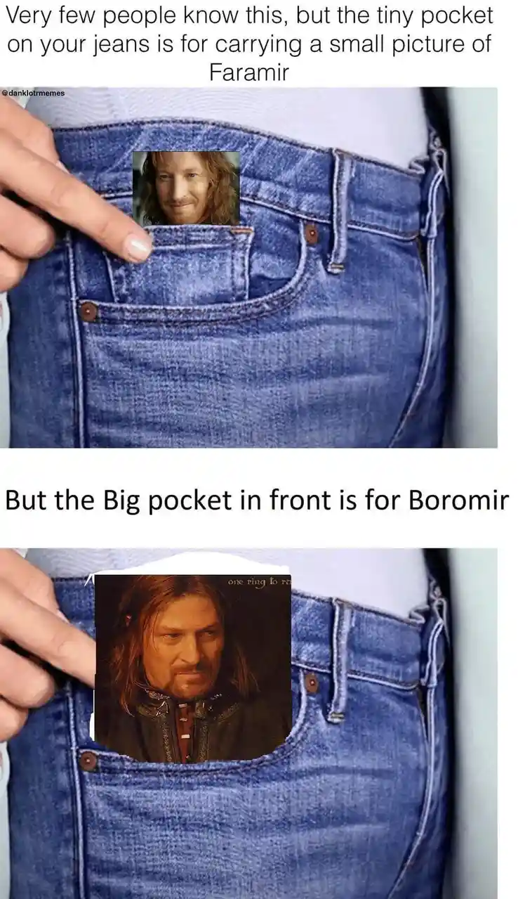 The meme shows two images of jeans with fingers pointing to pockets. The top image shows a small picture of Faramir in the…
