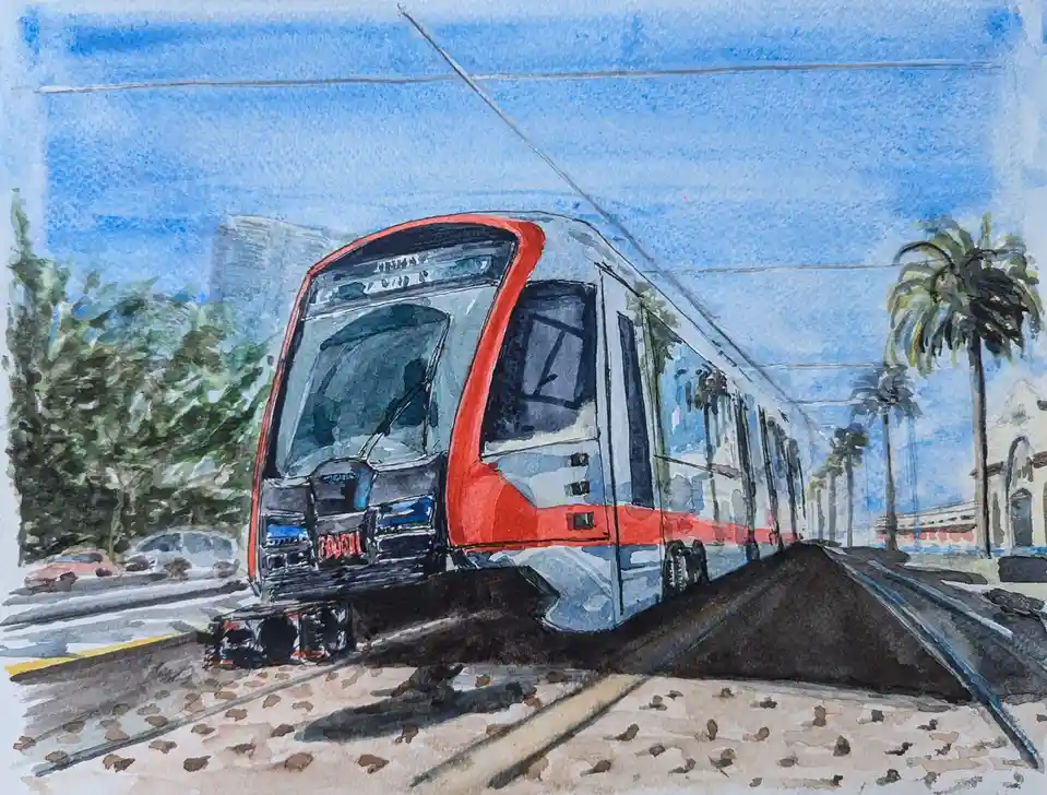 A watercolor painting depicts a modern red and silver streetcar on tracks, with palm trees and buildings in the background…
