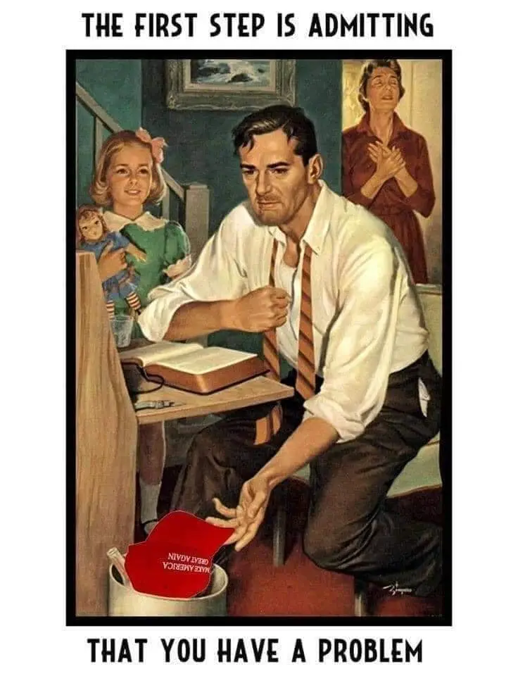 A vintage-style illustration shows a man kneeling at a desk, looking distressed while holding a red MAGA hat that reads…