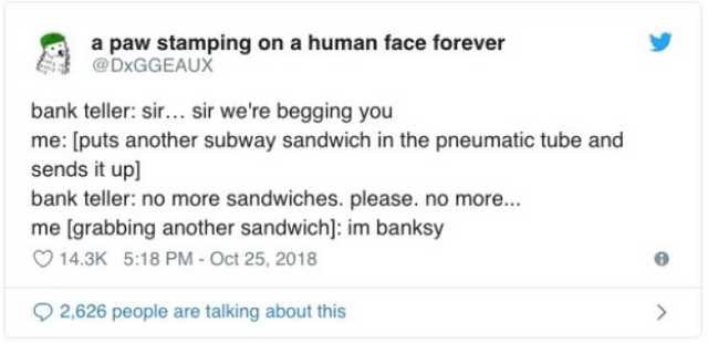 A screenshot of a tweet by @DxGGEAUX showing a humorous exchange where a customer repeatedly sends subway sandwiches through…