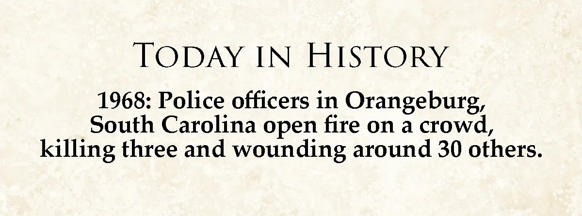 The image displays a beige, parchment-textured background with black serif text. The top line reads 'TODAY IN HISTORY'…