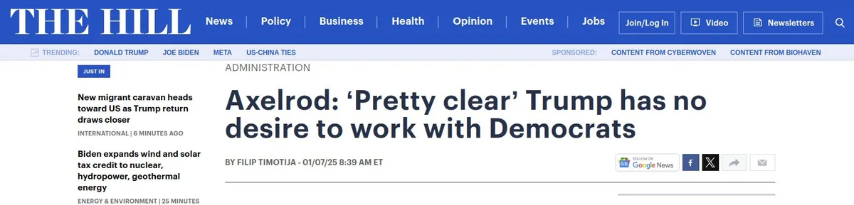A screenshot of a news article from The Hill website, featuring a headline that reads 'Axelrod: 'Pretty clear' Trump has no…