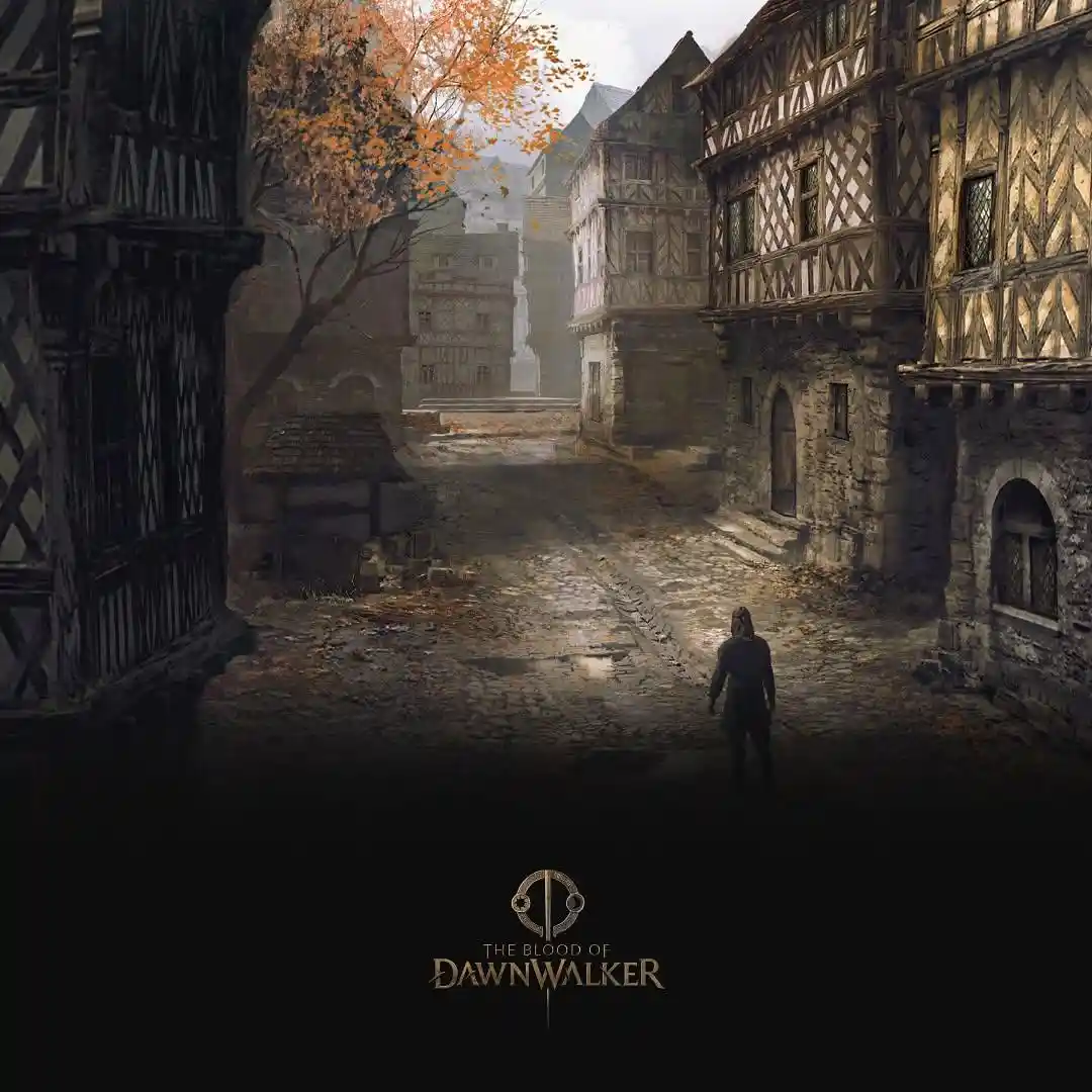 A lone figure walks down a misty, cobblestone medieval street lined with half-timbered buildings and autumn leaves. The…