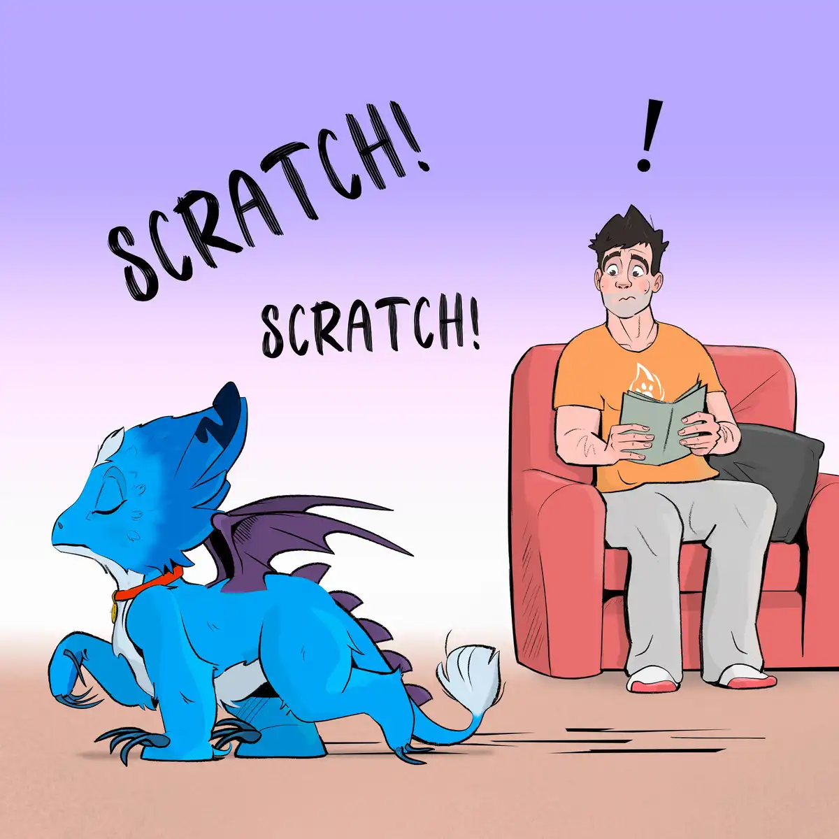 A blue cartoon dragon with purple wings and an orange collar is scratching the floor with its claws, emitting the text…