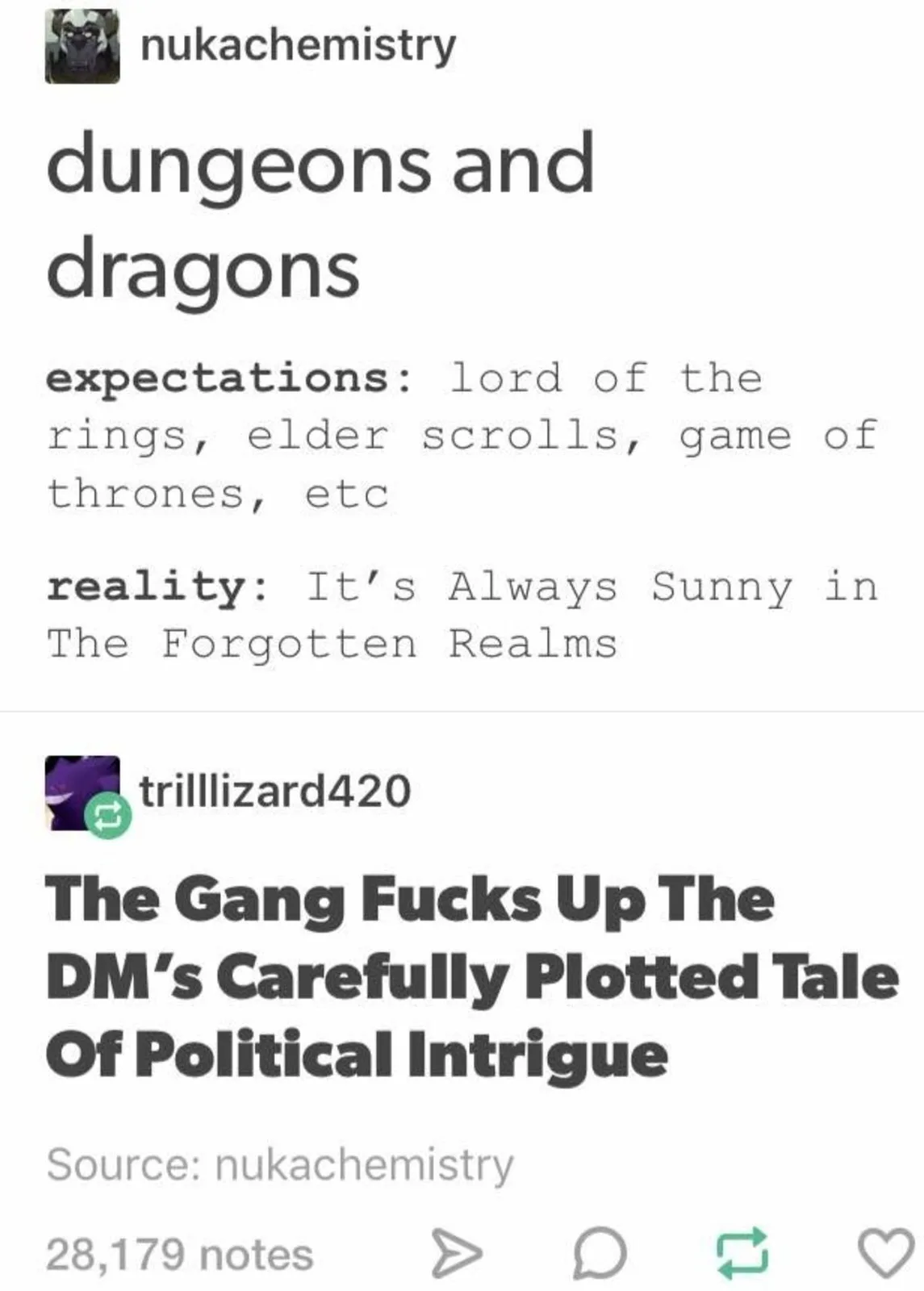 A Tumblr post screenshot showing a user named 'nukachemistry' comparing expectations of 'dungeons and dragons' (listing Lord…