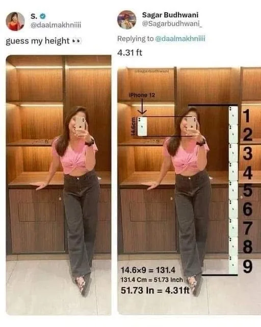 A woman in a pink top and dark pants takes a mirror selfie in a wooden shelving unit. In the right panel, a ruler is…