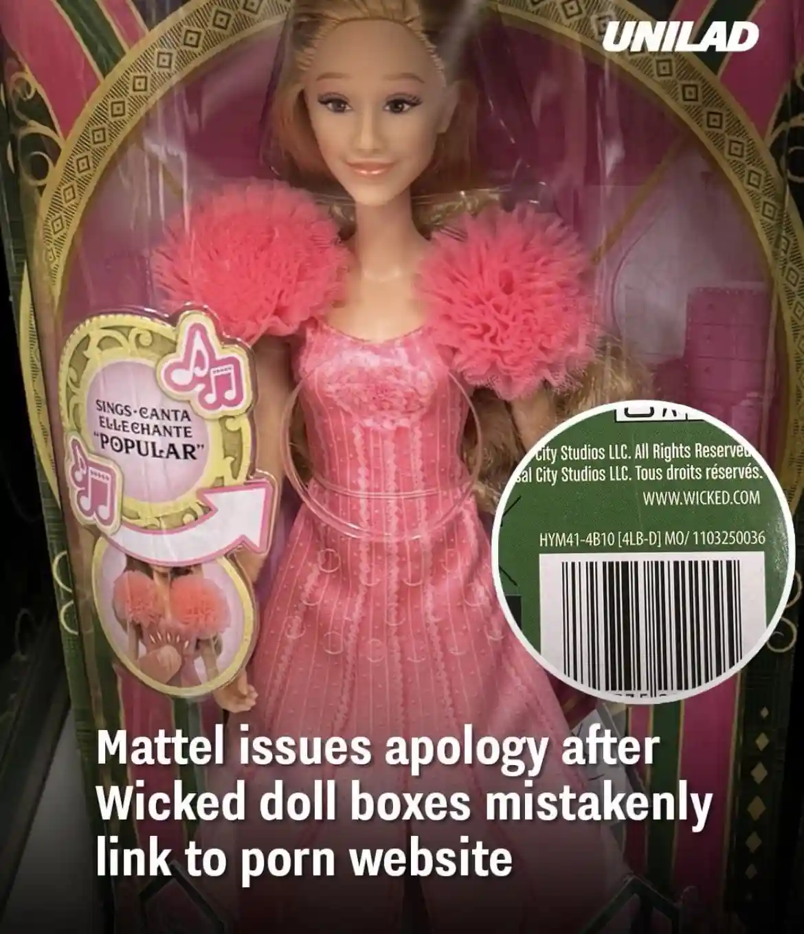 A close-up of a Barbie doll in a pink dress with fluffy pink sleeves, packaged in a box that has a sticker for 'Wicked'…
