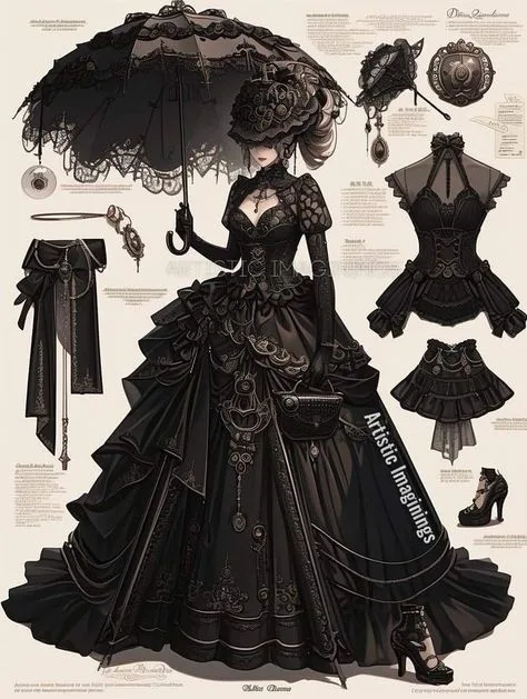 A detailed fashion design sheet featuring a woman in an elaborate black gothic gown holding a matching lace parasol…