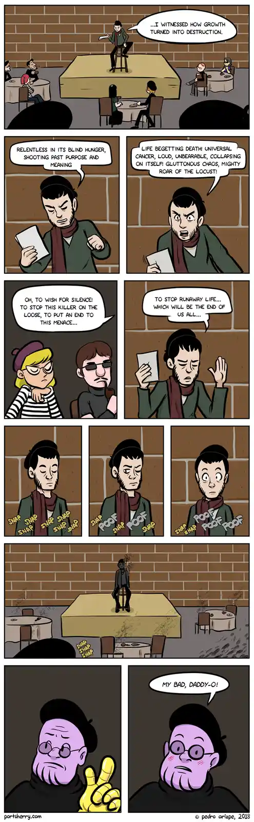 A comic strip depicts a man giving a dramatic, overly poetic speech about the destructive nature of life, using phrases like…