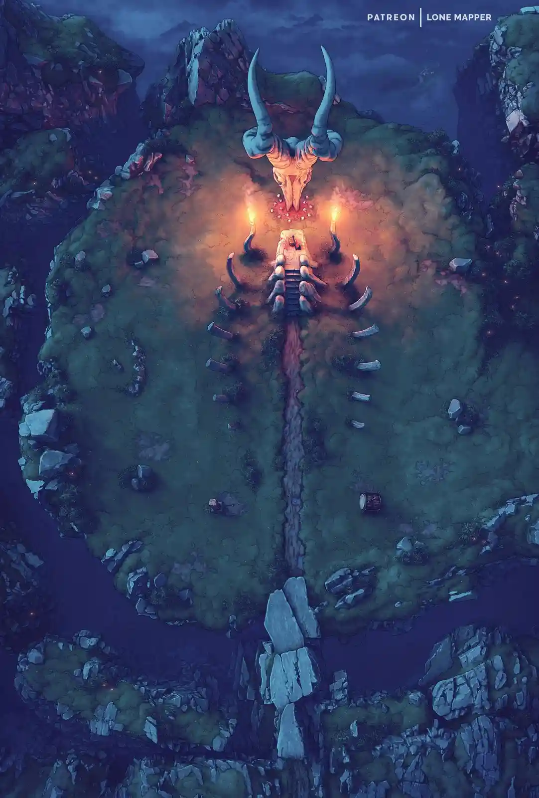 An aerial view of a mystical, circular island with a giant, glowing bull skull at its center, surrounded by a path lined…