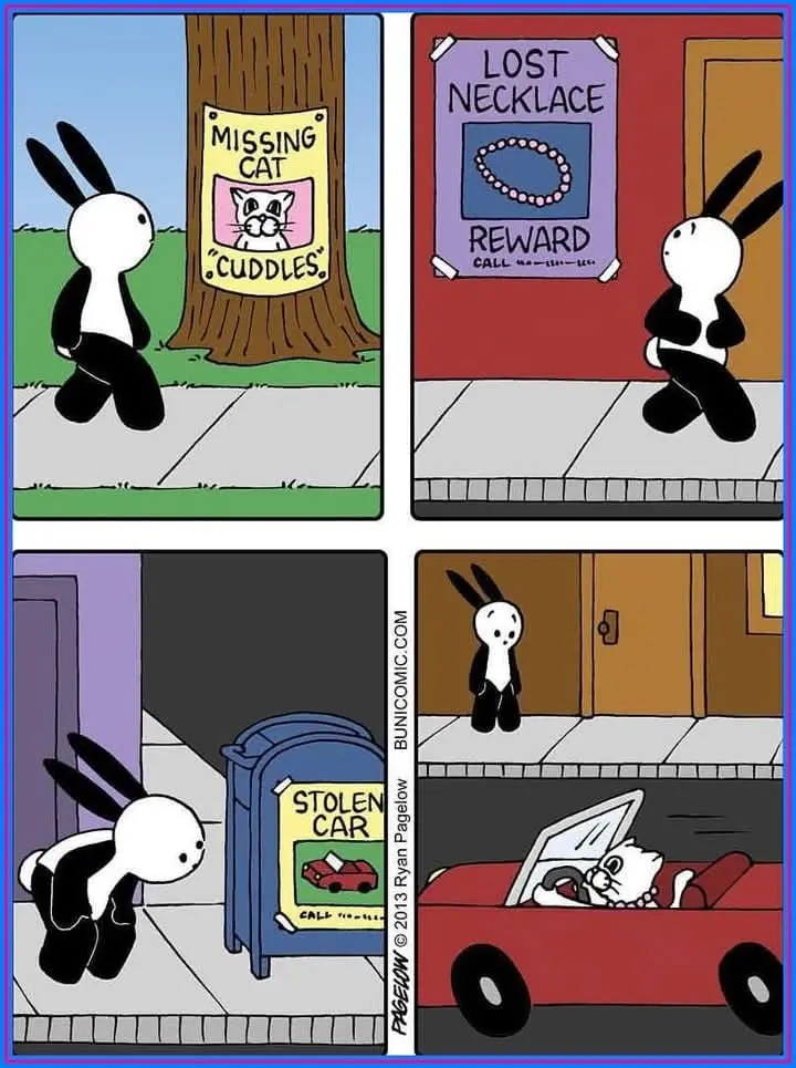 A four-panel comic strip featuring a black-and-white rabbit encountering three different posters: one for a missing cat…