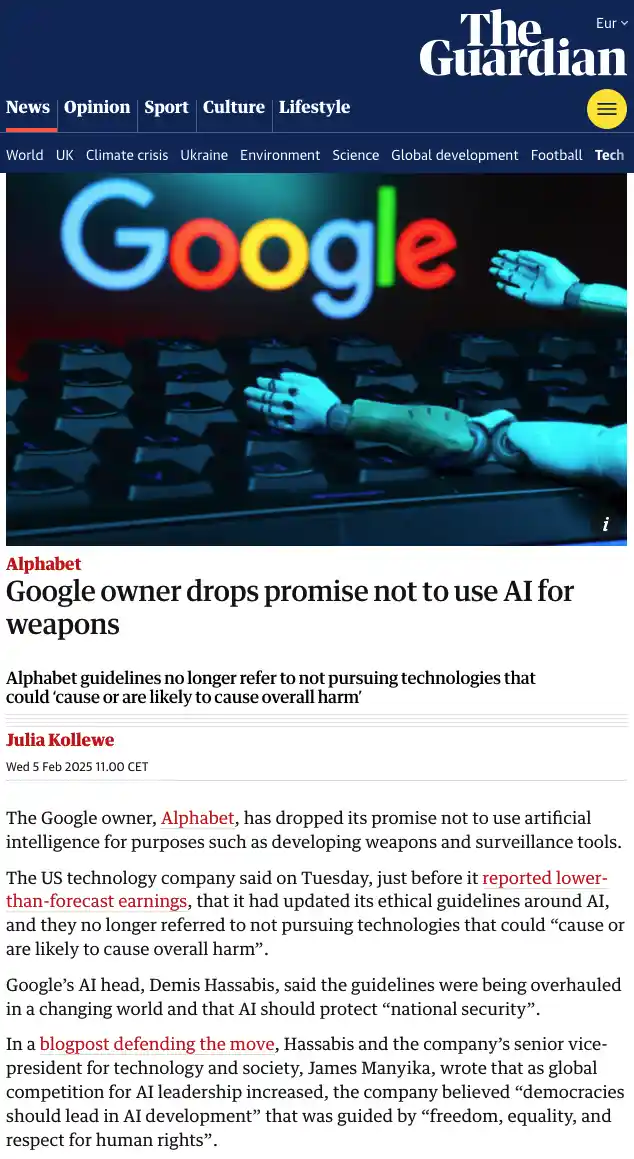 A screenshot of a The Guardian news article with a headline about Alphabet dropping its AI ethics promise. The image shows…