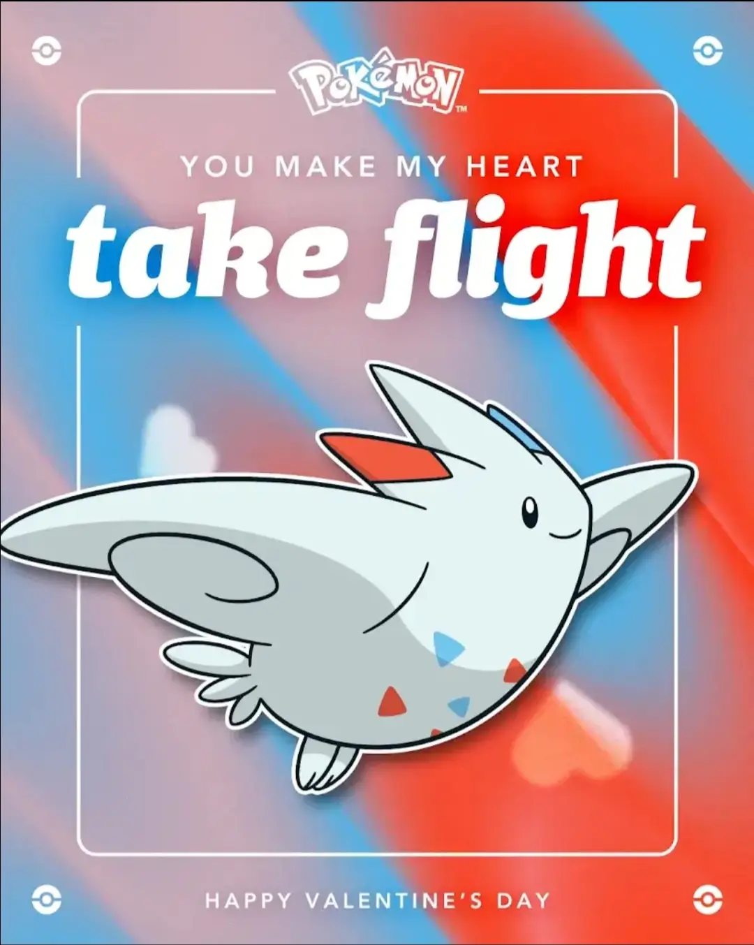A promotional Pokémon Valentine's Day image features the flying Pokémon, Pidove, soaring against a red and blue background…