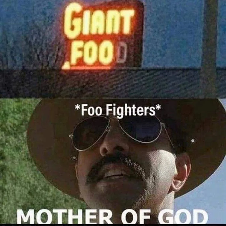 The image is a two-panel meme. The top panel shows a blurry, illuminated sign that reads 'GIANT FOOD'. The bottom panel…