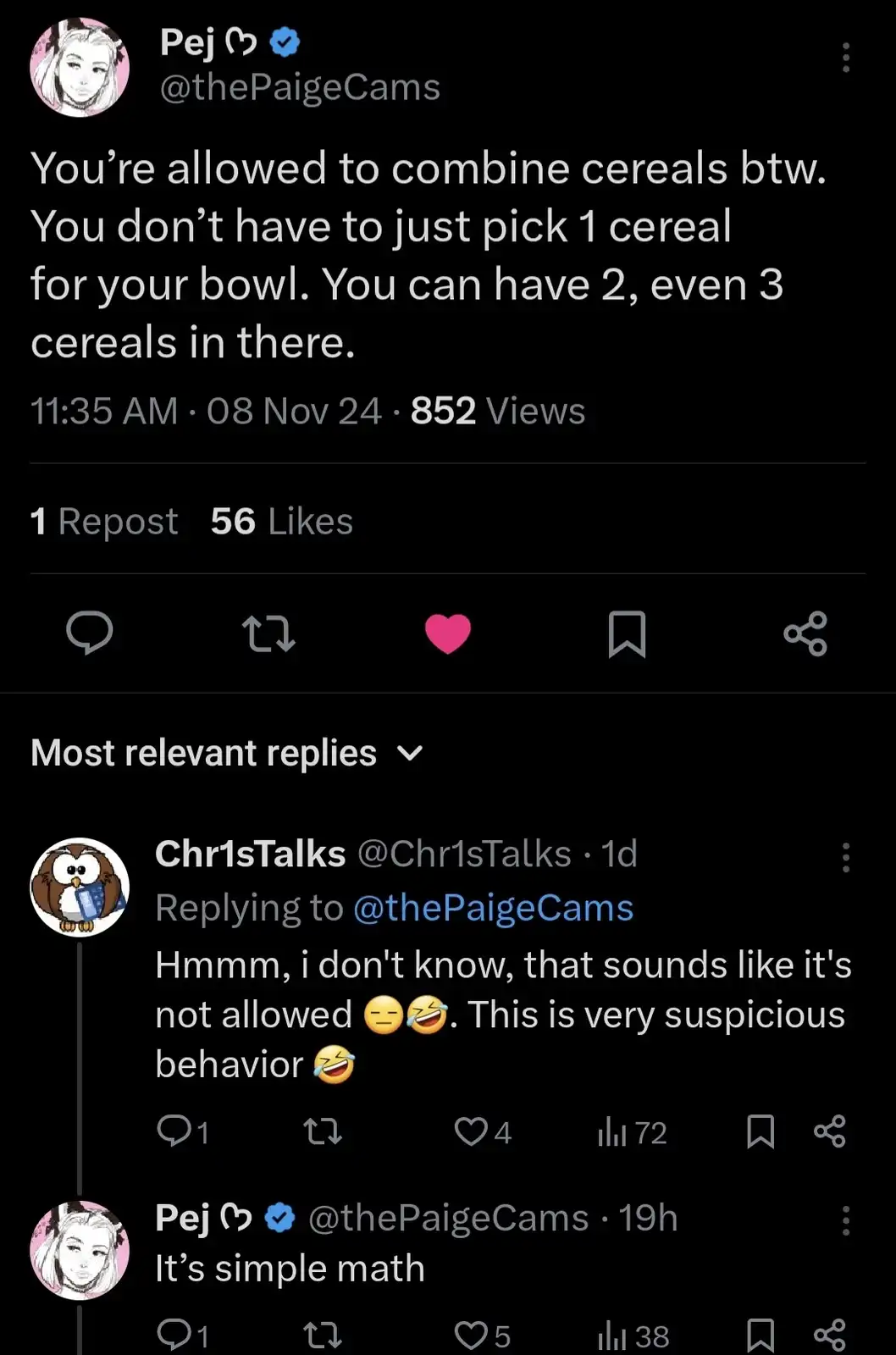 A screenshot of a Twitter/X post by user @thePaigeCams stating that combining multiple cereals in one bowl is allowed. A…