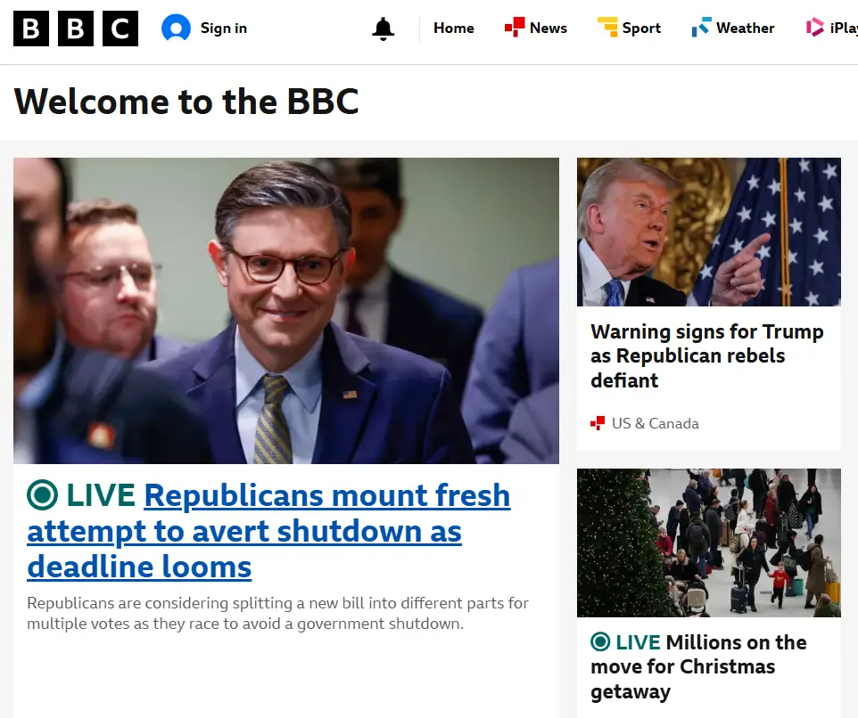 A screenshot of the BBC news homepage shows a smiling man in a suit and glasses as the main headline image, with overlaid…