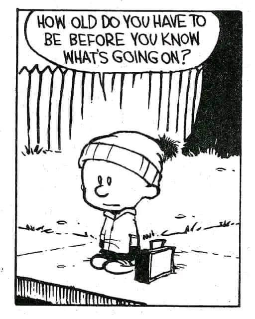 A black-and-white comic panel shows a young child wearing a beanie and sitting on a sidewalk next to a small suitcase. The…