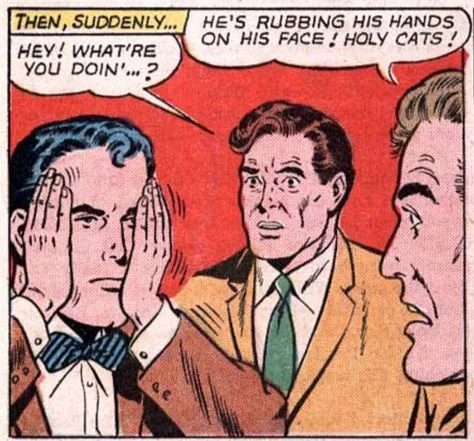 A vintage comic book panel shows three men in suits. The man on the left covers his ears with both hands, looking annoyed…