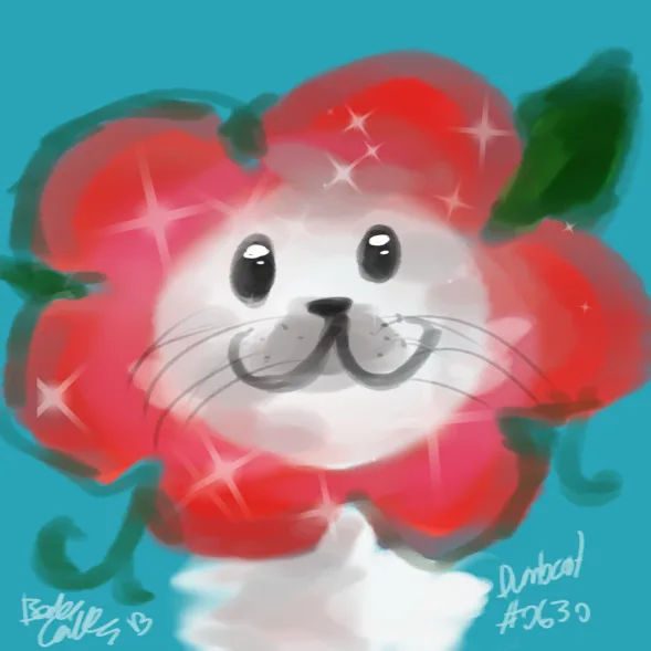 A cute, cartoon-style seal with a white face, black eyes, and whiskers is depicted inside a red, flower-like shape with…