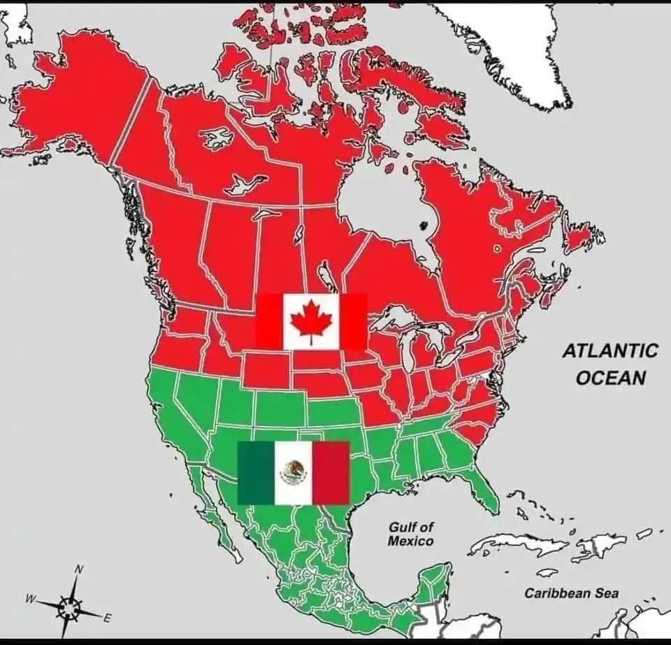 A map of North America where Canada is colored red with its flag overlaid, Mexico is colored green with its flag overlaid…