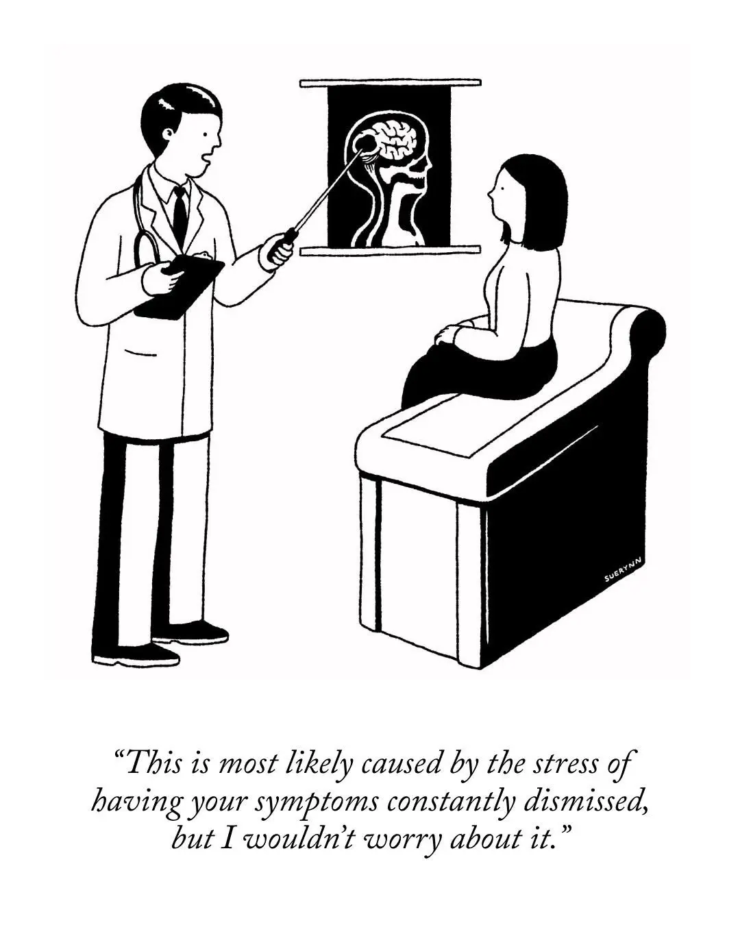 A black-and-white cartoon depicts a doctor in a white coat holding a clipboard and pointing at a brain diagram on a screen…