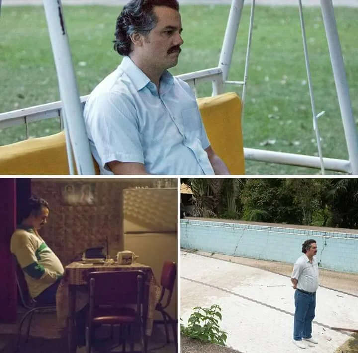 A collage of three images showing Pablo Escobar in different settings: sitting on a swing, sitting at a table looking down…