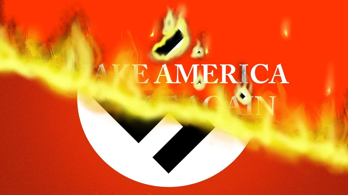 The image displays a fiery, orange-red background with stylized flames engulfing a white circle containing a black swastika…