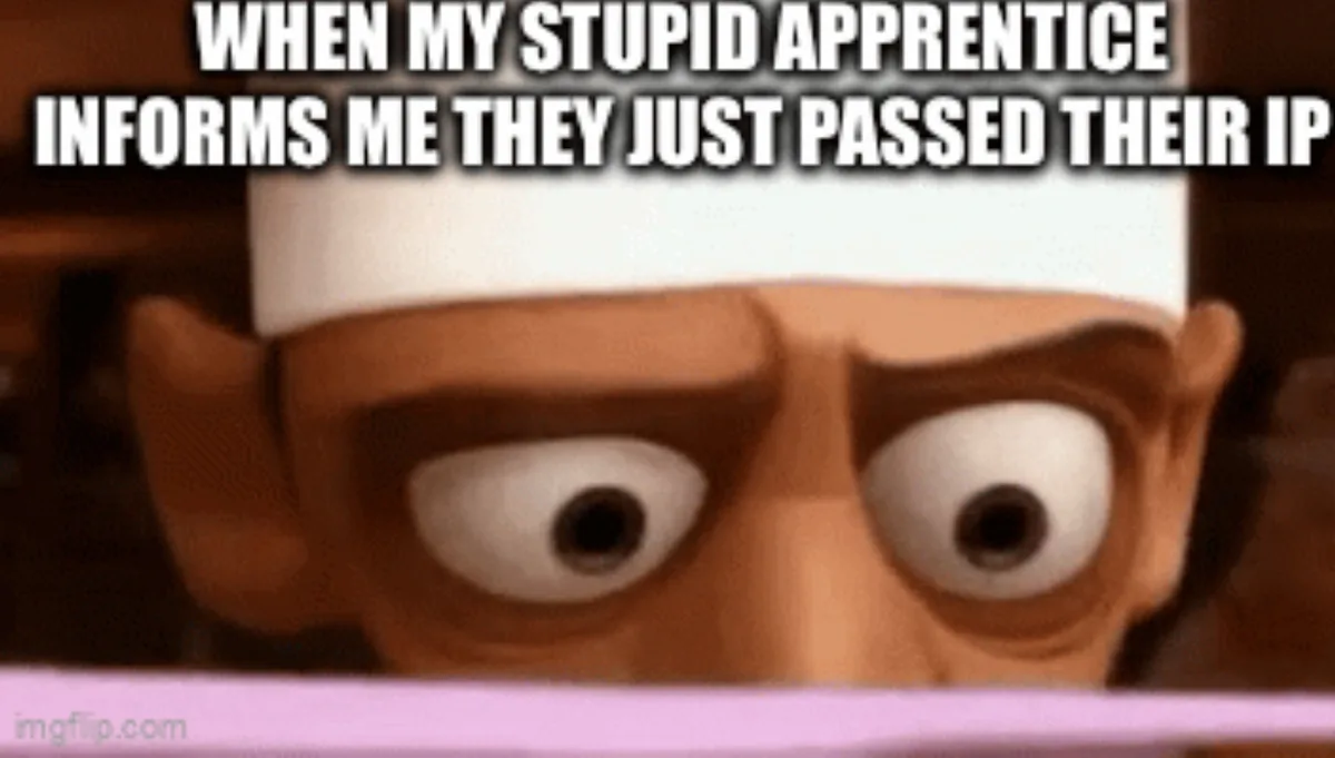 A close-up of an animated character with a white headband, wide bulging eyes, and a shocked expression, peering over a pink…