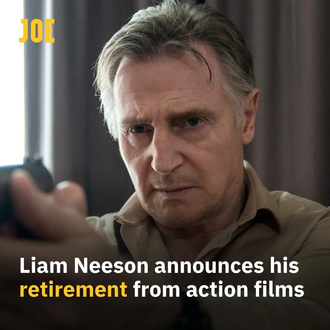 A close-up of Liam Neeson looking intensely at the camera while holding a gun, with the word 'JOE' in yellow text in the top…