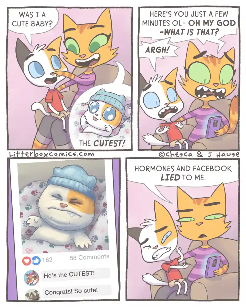 A four-panel comic strip featuring two anthropomorphic cats. In the first panel, a mother cat asks her baby cat if she was…