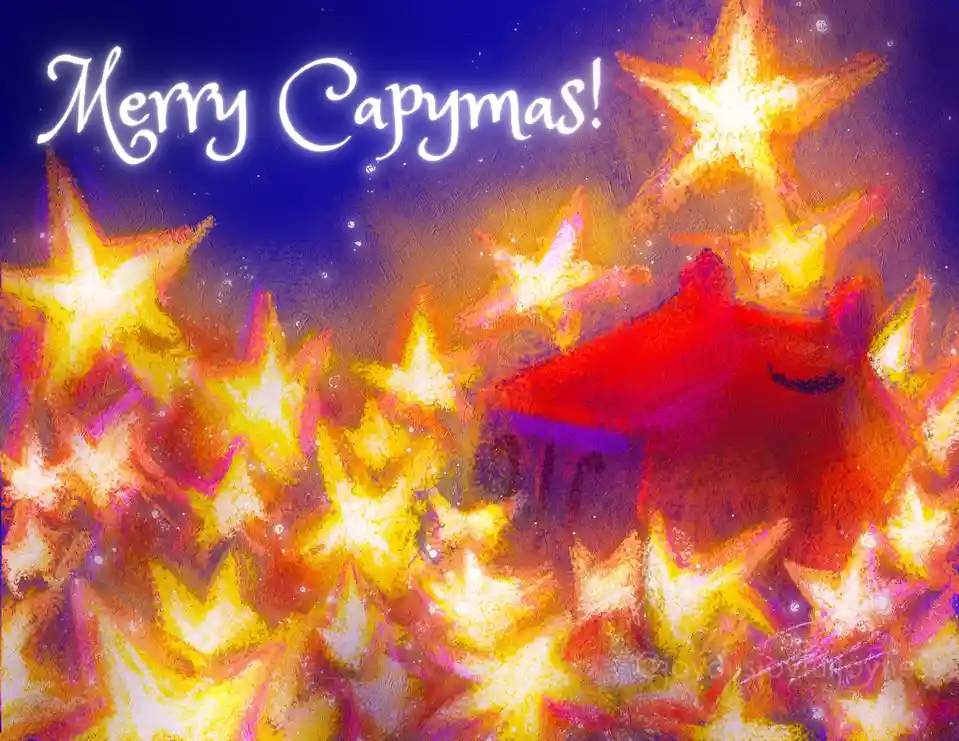 A festive, painterly image features a dark blue night sky filled with glowing, colorful stars in shades of yellow, orange…