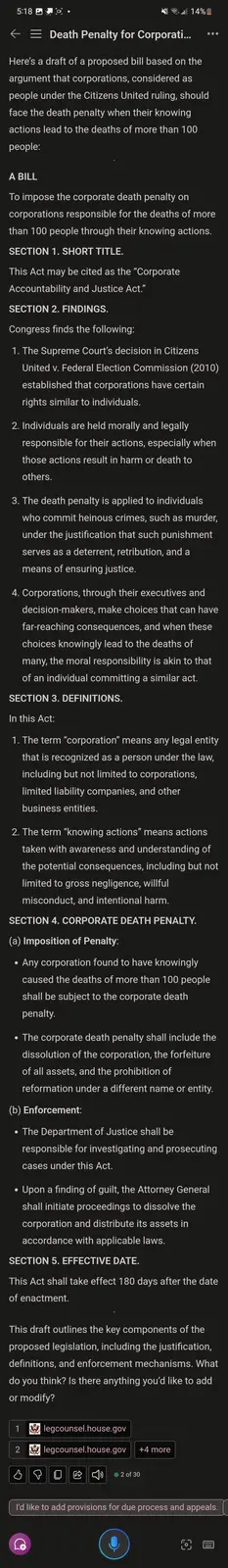 The image displays a screenshot of a text document titled 'Death Penalty for Corporations,' which outlines a fictional…